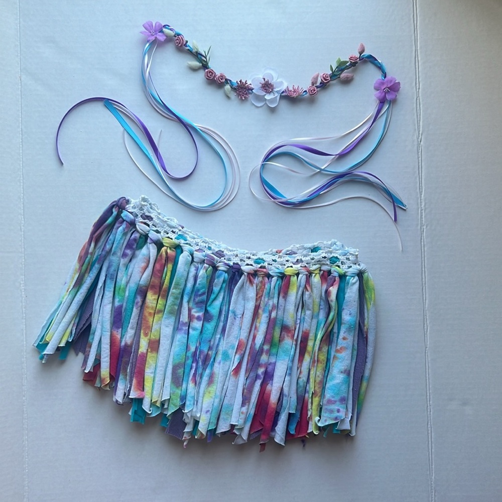 Homemade Colorful Tie-Dye Cloth Tutu 11”(W) x 9”(L) With Halo Crown